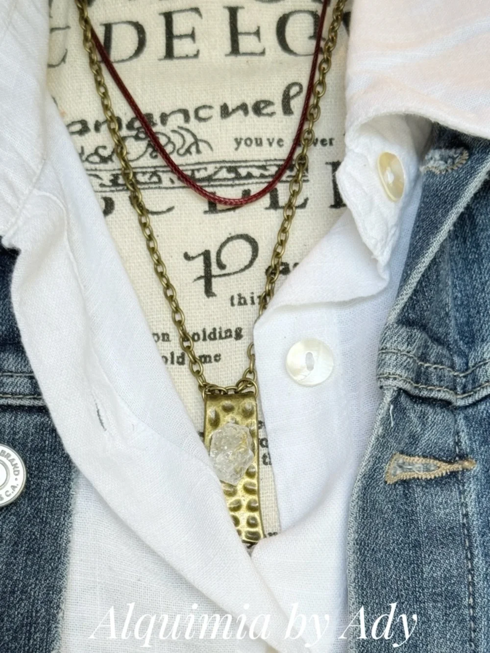 LAYERED Brass Pendant Necklace with RAW Clear QUARTZ and Burgundy Cord
